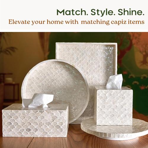 5.8” Capiz Tissue Box Cover, Square Decorative Tissue Holder with Bottom Slider, Handmade Bathroom Accessories, Elegant White Cube for Vanity, Bedroom, Office & Coastal Décor (Natural)