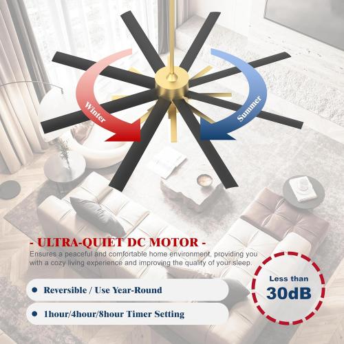 72 inch Large Ceiling Fans with Lights and Remote，Indoor/Outdoor Modern Ceiling Fan for Living Room Patio，6 Speed Reversible，8 Blades and 9 Lights，3 CCT，Black Gold