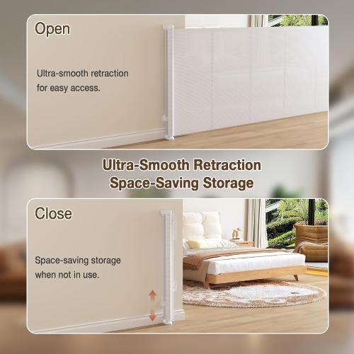 Upgraded 59'' Wide Retractable Baby Gates for Stairs with Reinforced Strip, Mesh Saftey Gate for Pets, Prevent Crawling Dog Gate fot Doorways, No Drilling, Indoor & Outdoor Use, 34'' Tall, White