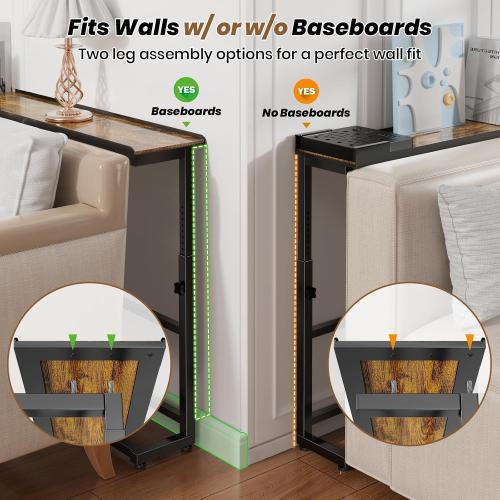SENBOWE 39.4 Behind Couch Table with Power Outlets - Adjustable Height Narrow Sofa Table for Living Room, Skinny Console Table Behind Sofa with USB & AC Ports, Space-Saving