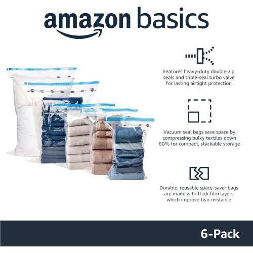 Amazon Basics Vacuum Compression Space Saving Storage Bags with Hand Pump for Clothes Packing, Jumbo, Clear, Pack of 6