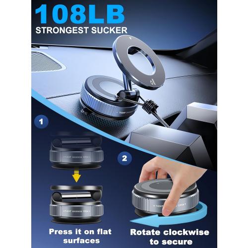 Upgraded 360° Nano Gel Vacuum Magnetic Phone Holder, 108 LBS Heavy Duty Suction Cup Phone Mount for Car Dashboard & Windshield, 3000gf MagSafe Compatible with iPhone 17/16 Pro Max