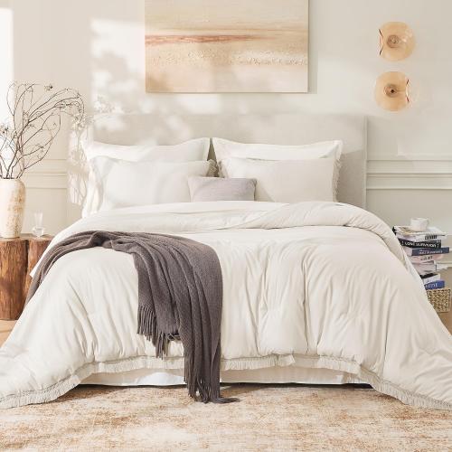 Andency Comforter Set Oversized King Beige 120x120, 3 Pieces Boho Fall Tassel Lightweight Bedding Comforter Sets, All Season Soft Bed Set (1 Comforter & 2 Pillowcases)