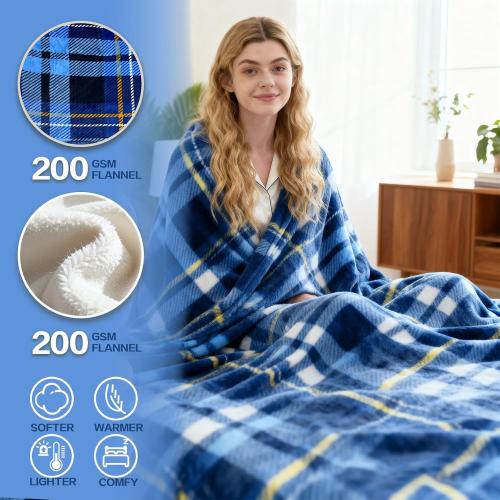 Electric Blanket Heated Throw, Soft Flannel 50x60 Plaid Heating Blanket with 8 Hours Auto Off 10 Fast Heating Levels Machine Washable Sherpa Heated Blanket with Overheating Protection