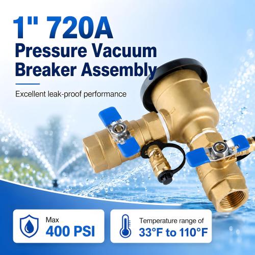 1 Inch Backflow Preventer, Brass Pressure Vacuum Breaker Assembly, 400 PSI Sprinkler Backflow Valve for Lawn Irrigation, Garden Water Lines and Outdoor Anti-Siphon Protection