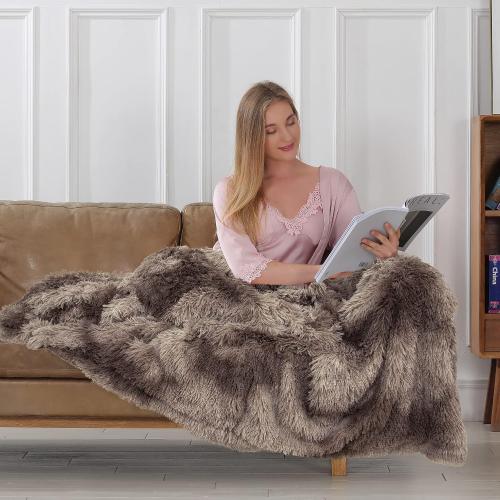 Tuddrom Decorative Extra Soft Faux Fur Throw Blanket,Solid Reversible Fuzzy Lightweight Long Hair Shaggy Blanket,Fluffy Cozy Plush Fleece Comfy Microfiber Fur Blanket for Couch Sofa Bed,Tie Dye Brown