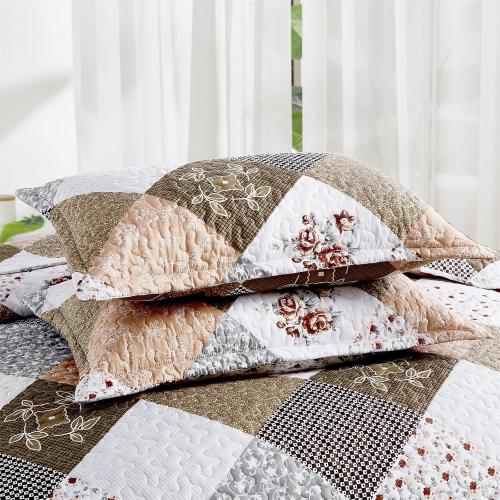 Dinjoy Floral Plaid Patchwork Quilt Set California King Size, Reversible Brown Bedding Set Soft Microfiber Lightweight Bedspread Coverlet 3 Piece Fall Autumn Use(106x96 inches, Cal King)