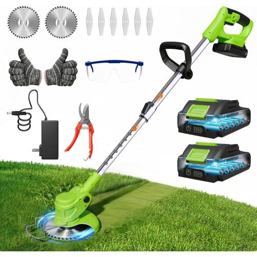 Cordless Weed Wacker Brush Cutter Weed Trimmer with Blade Stringless 21V | 2 X 2.0Ah Electric Weedwacker Battery Powered with Charger - User Friendly Small Yards Grass Cutter for Seniors & Beginner