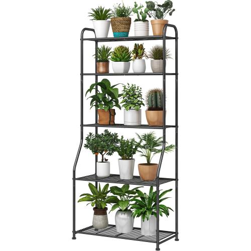 Plant Stand 5-Tier Plant Shelf for Indoor Outdoor, Waterproof Metal Tall Plant Stand for Living Room Bathroom Balcony Garden, Black