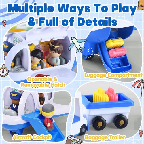 PLAY Airplane Toy for Kids - Toddler Airplane Toys Travel Plane Toys for Kids 2  Years Old with Small Figures & Baggage Carrier, Musical Toy Airplane with Lights for Boys Girls Gifts Birthday (Blue)