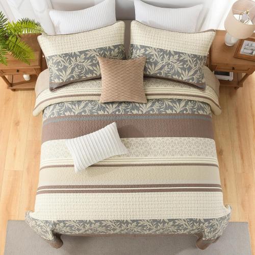 100% Cotton Quilt Set Queen Size - Striped Quilted Comforter, Patchwork Botanical Queen Quilt Bedspread, Modern Farmhouse Lightweight Bedding for Queen Bed, 3pcs, Brown/Beige/Gray
