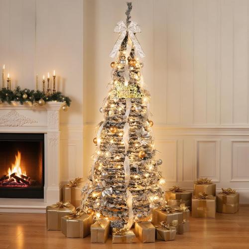 6 Ft Flocked Pop up Christmas Tree,Prelit 200 LED Lights,Opens Instantly,Fully Decorated 80 Ornaments,8 Mode Warm White Light & Timer,Foldable Xmas Tree Fire-Resistant Collapsible Outdoor Indoor Decor