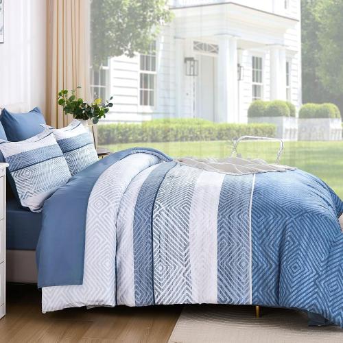 Drucon 7 Piece Striped Comforter Set King Size Light Blue Bed in a Bag, Soft Microfiber Complete Bedding Set with Sheets for All Season