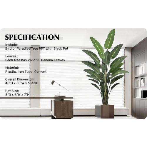 Roselywed Artificial Bird of Paradise Tree 9FT with 25 Leaves Realistic Thick Banana Leaf Deluxe Tall Large Tropical Plant 106 Inch Black Pot for Indoor Home Office Porch Mall Hotel School Decoration