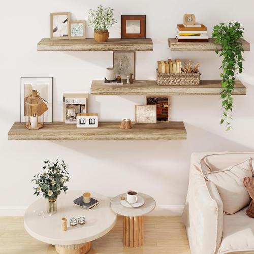 Solid Wood Floating Shelves for Wall 36W x 8D x 1.56H Set of 2, Deep Wall Shelves for Living Room Bedroom Bathroom Kitchen Decor Storage with Invisible Heavy-Duty Metal Bracket, Carbonized Black