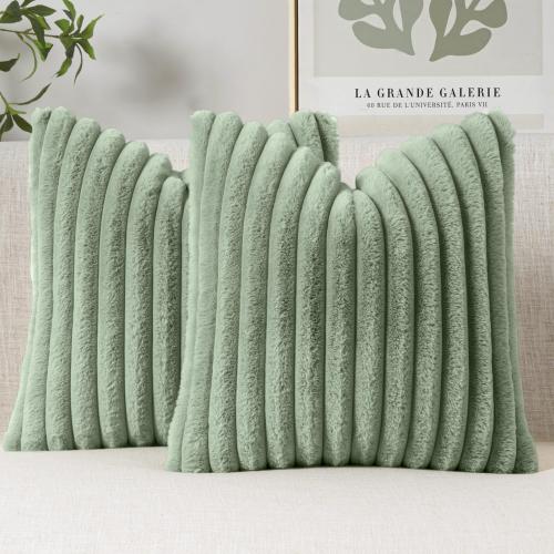MIULEE Faux Fur Decorative Throw Pillow Covers 18x18 Inch Set of 2, Modern Spring Home Decor Soft Plush Couch Pillows Cozy Fluffy Cushion Covers for Sofa Bed Sage Green