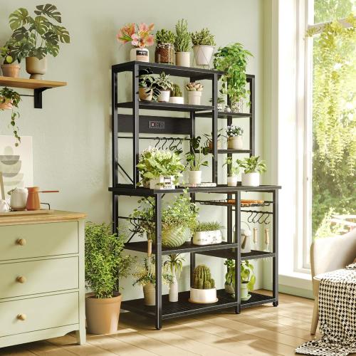 SUPERJARE Large Bakers Rack with Power Outlets, 6-Tier Microwave Stand, Coffee Bar with 12 S-Shaped Hooks, Kitchen Shelf with Wire Basket, 39.4 x 14.6 x 66.9 Inches, Black