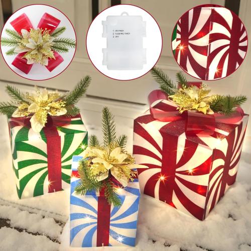 COLORFUL CANDY CANE Uieke Set of 3 Christmas Lighted Gift Boxes Christmas Decorations, 60 LED Lights Present Boxes Ornament with Red Green and Blue Stripe for Xmas Tree Indoor Yard Home Party Gift Box Decorations