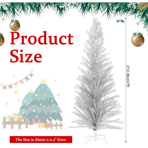 7 ft Mid Century Modern Aluminum Christmas Tree Artificial Retro Silver Xmas Tree Fake Tinsel Christmas Trees for Home Office Xmas Party Decor
