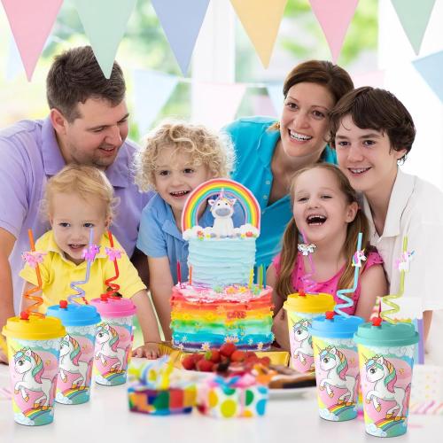 Maxcheck 36 Sets Unicorn Party Favors Goodie Cups with Lids and Straws for Birthday Decorations 36pcs 16oz Plastic Cups Reusable Plastic Straws for Birthday Party (Unicorn)