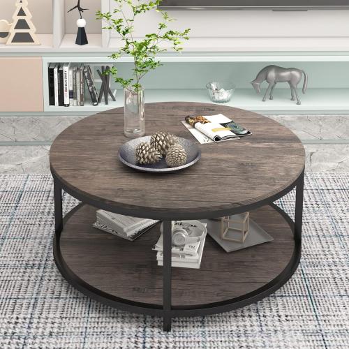 NSdirect Round Coffee Table,36 Coffee Table for Living Room,2-Tier Rustic Wood Desktop with Storage Shelf Modern Design Home Furniture(Light Walnut)