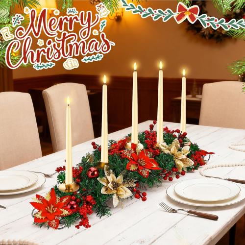 Sliner Christmas Tabletop Centerpiece 30 Inch Poinsettia Candle Holder with 5 Bullet Head LED Flameless Long Candle Artificial Christmas Table Decorations for Home Party, Not Include Battery