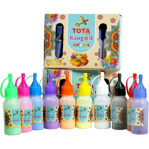 TOTA Rangoli Colour Powder Bottles Kolam Rangoli Powder for Floor Rangoli, Art,Home Decor, Pooja Set of 10 Rangoli Colors in Plastic Squeeze Bottles - 800 Gm, Multicolour