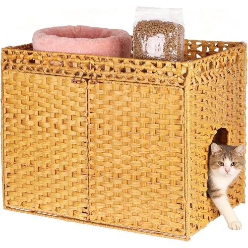 SZEE Cat Litter Box Enclosure Furniture, Hidden Litter Box with Mat, Handwoven Rattan Cat Houses for Indoor/Outdoor Cats, Large Litter Box Enclosure with 12” Edge for Living Room/Bedroom/Washroom