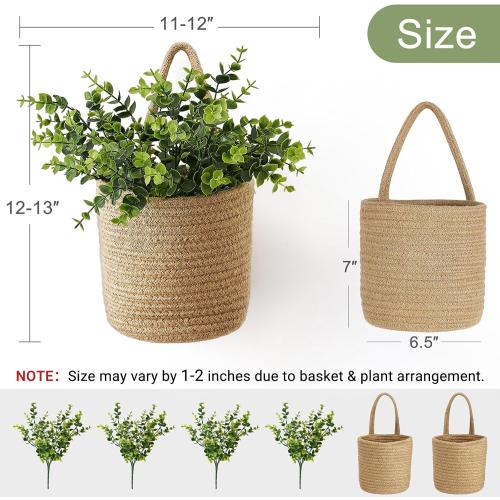Dahey 2 Pack Wall Hanging Rope Basket (6.5W×7H) with Artificial Eucalyptus, Jute Woven Storage Organizer Flower Plants Basket Farmhouse Rustic Wall Decor for Porch Living Room Bedroom Entryway,Brown