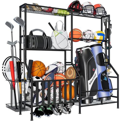 Sports Equipment Organizer, Heavy Duty Golf Bags Stand, Extra Large Ball Storage Rack for Garage, Sports Gear Storage with Basket and Hooks, Black