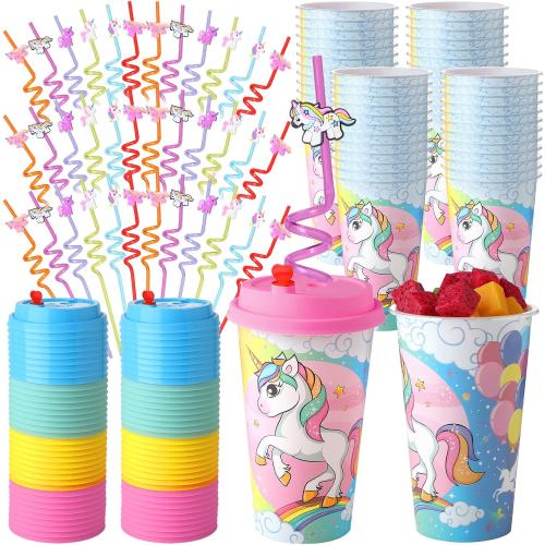 Maxcheck 36 Sets Unicorn Party Favors Goodie Cups with Lids and Straws for Birthday Decorations 36pcs 16oz Plastic Cups Reusable Plastic Straws for Birthday Party (Unicorn)