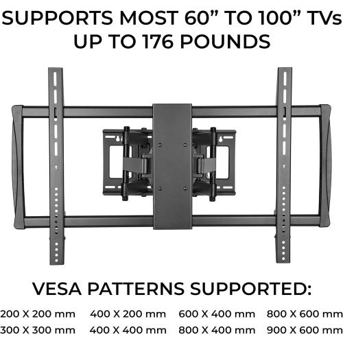Black HumanCentric Heavy Duty TV Wall Mount for 75-100 TVs Flat or Curved up to 176lb, Full Motion, 15° Tilt, 45° Swivel, 24 Extension, Max VESA 900x600mm, Hardware Included Install on Wood or Concrete