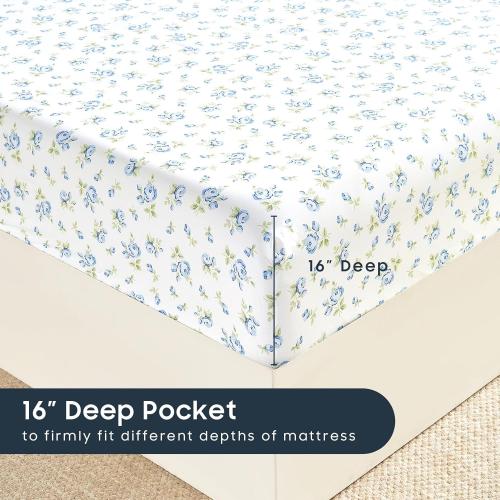 MISSING SHEETS FITTED AND TOP Wake In Cloud - Floral Bed Sheets, 4-Piece Sheet Set, Shabby Chic Flower Rose Pattern Printed Coquette Cottagecore Vintage Aesthetic Bedding, Deep Pocket, White Blue, Full Size