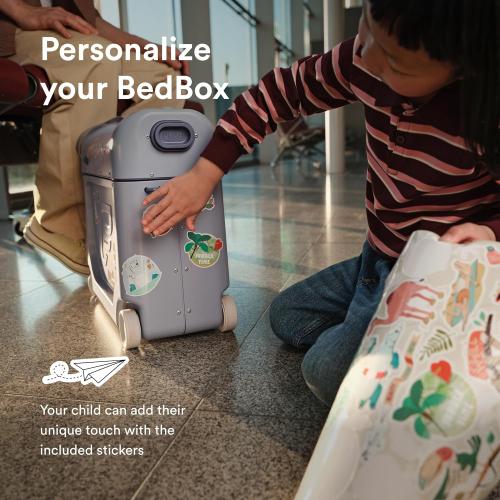Stokke JetKids BedBox, Arctic Blue - Ride-On Suitcase for Kids 2-7 Years Old (up to 77 lbs) - Transforms Into Bed - Includes Mattress, Decorative Stickers & Adjustable Carrying Strap