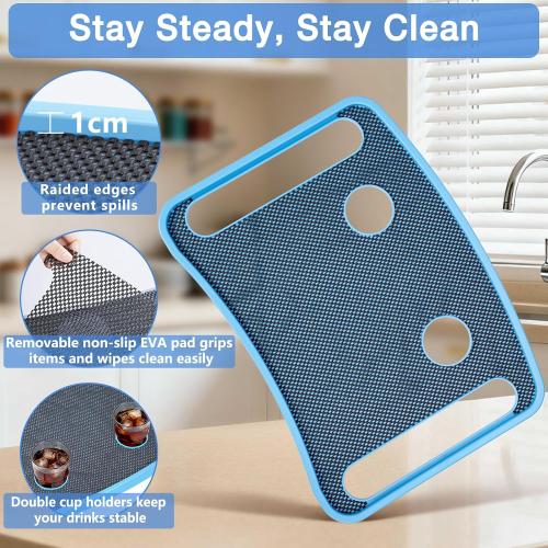 Walker Tray for Seniors with Dual Cup Holders & Side Pouch (Blue) | Durable Food & Drink Table, Lightweight with Non-Slip Pad, Compatible with Walker of 10210-1 Model