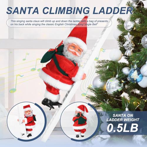 Electric Santa Ladder with Climbing Santa Claus,Singing Santa Christmas Plush Toys Decorations with Music for Xmas Tree Ornament Indoor