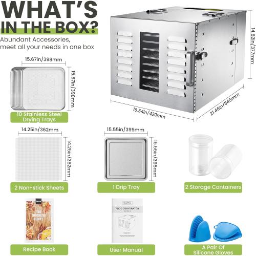 Commercial 10 Trays Food Dehydrator Machine for Jerky and Herbs Usable Area up to 24.65ft² and 194℉ Temperature 1000W Detachable Stainless Steel Dryer for Meat Fruit Mushrooms Beef Food Dark Black