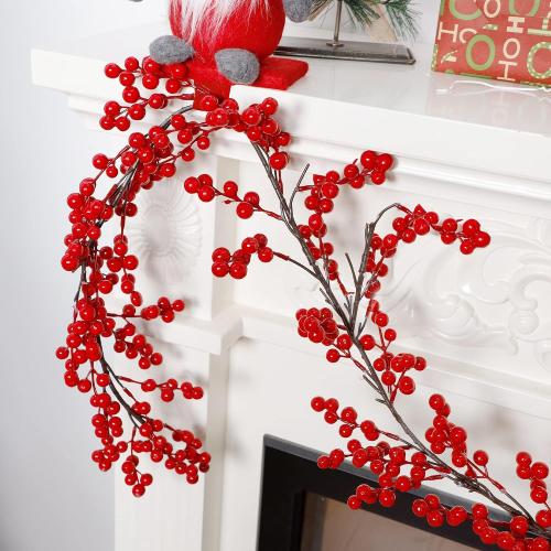 Lulu Home Red Berry Garland, 8.9FT Flexible Artificial Christmas Holly Berry Vine, Winter Berry Garland for Mantle Xmas Tree Window Door Hanging Indoor Outdoor Holiday Decoration (1)