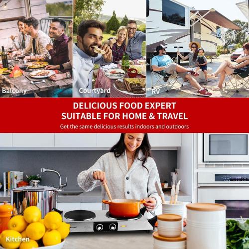 Hot Plate, Techwood 1800W Portable Electric Stove for Cooking Countertop Dual Burners with Adjustable Temperature & Handles, 7.5” Cooktop for Home/RV/Camp, Compatible for All Cookwares, Silver