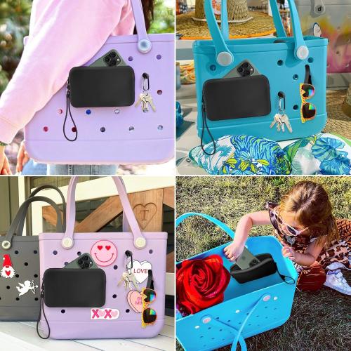 Silicone Phone Holder for Bogg Bag, Soft Silicone Insert Wallet Charm with 2 Pcs Key Holder for Bogg Bags Accessories, Attachment for Bogg Beach Bags Tote Bag Fits for iPhone Android Phones (Black)