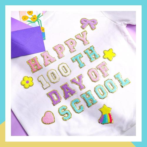 Yungyan 104 Pcs 100 Day of School DIY Shirt Letter Patches Chenille Self-adhesive for Teacher Backpack Cloth Preppy Embroidery Sticker Cute Star Heart Rainbow Patch Craft Hat Iron on Activity Supplies