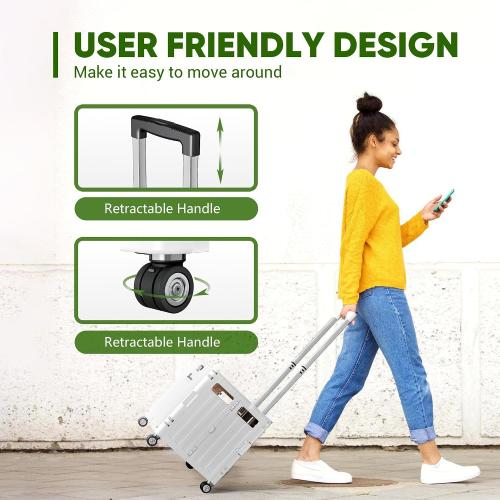 Folding Utility Cart, Portable Rolling Crate Handcart Collapsible Shopping Trolley with Lid, Foldable Tool Box Basket with 4 Rotate Wheels for Grocery, Office, Luggage, School - White
