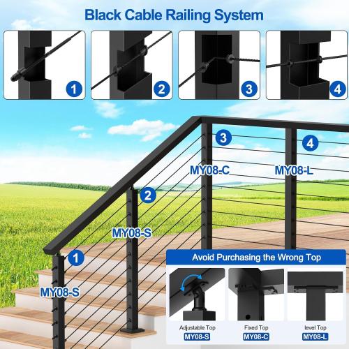 BLACK 4-12ft Complete Set 36 Cable Railing Post Kits, Stainless Steel Black Level Drilled Line Posts(35x2x2)4 Pack, 1/8 Wire Rope with Cutter(No Handrail), Swageless Deck Cable Railing, MY07-LP