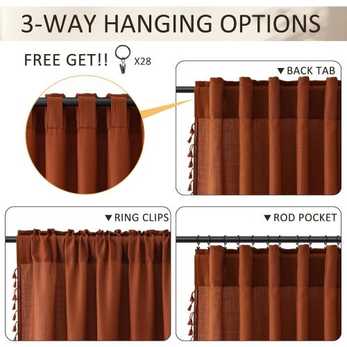 SMABU Terracotta Boho Linen Curtains 84 Inches Long 2 Panels Set, Light Filtering Semi Sheer Drapes with Back Tab & Rod Pocket, Tassel Decor for Bohemian Farmhouse Living Room, Bedroom, 52x84