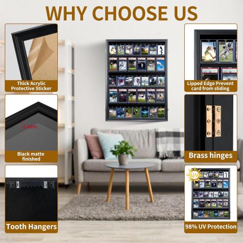 Baseball Card Display Case-35 Graded Sports Card Display Frame,UV-Protected Transparent Visual Lockable Wall Cabinet for Football Baseball Basketball Hockey Trading Cards,Large Vertical Black