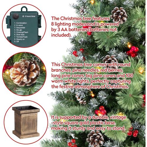 Jin&Bao 4FT Potted Christmas Tree with 100 Lights, 2 Pack Artificial Xmax Tree Timer Function with Long Pine Cones & Red Berries, 3AA Battery Operated Christmas Decorations for Outdoor, Porch