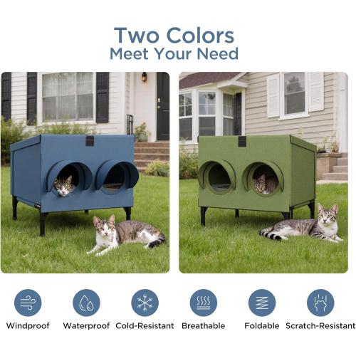 Outdoor Cat Feeding Shelter for Feral & Stray Cats, Insulated Dining Room with Slanted Roof & Double Feed Hole, Connects to PELUOMOZ Cat Houses, Windproof & Weatherproof – Navy Blue, 16×12×15.5