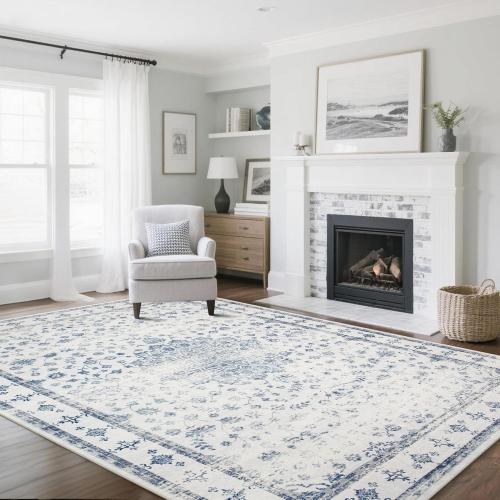 Srugn Washable Rugs 8x10 Area Rugs for Living Room,Rugs for Bedroom,Large Carpets,Ultra Soft Faux Wool Retro Dining Room Rug,Non Slip&Non-Shedding Low Pile Vintage Print Rug for Home Office-Blue