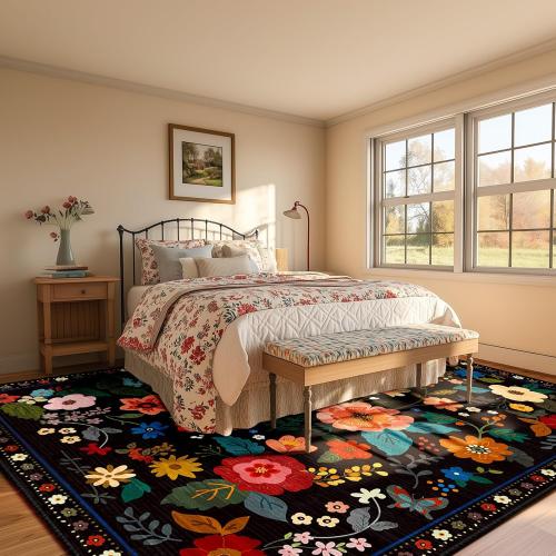 Floral 5x7 Area Rug Machine Washable Soft Print Boho Carpet Non Slip Doormat Low Pile Flower Area Rugs for Living Room Bedroom Nursery Kitchen Dining Room Indoor-Black