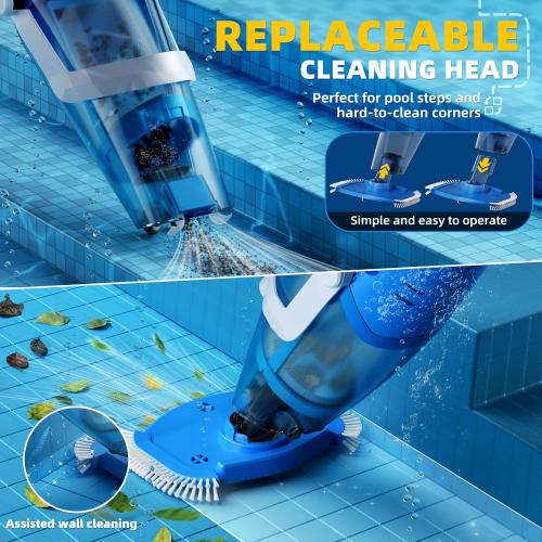 Cordless Pool Vacuum Above & Inground Pools, Powerful 1590 GPH Suction,Handheld Telescopic Pole up to 85.45, 1H Runtime, 2L Debris Bin, Rechargeable Pool Cleaner for Spas & Hot Tubs
